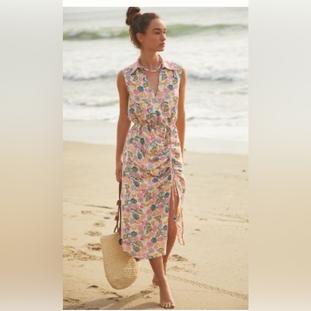 NWOT Anthropology Linen Shells Print Gathered Waist Midi Dress